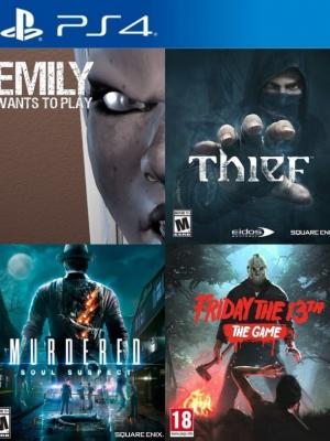 4 juegos en 1 Emily Wants To Play mas Thief mas Murdered Soul Suspect mas Friday the 13th The Game PS4